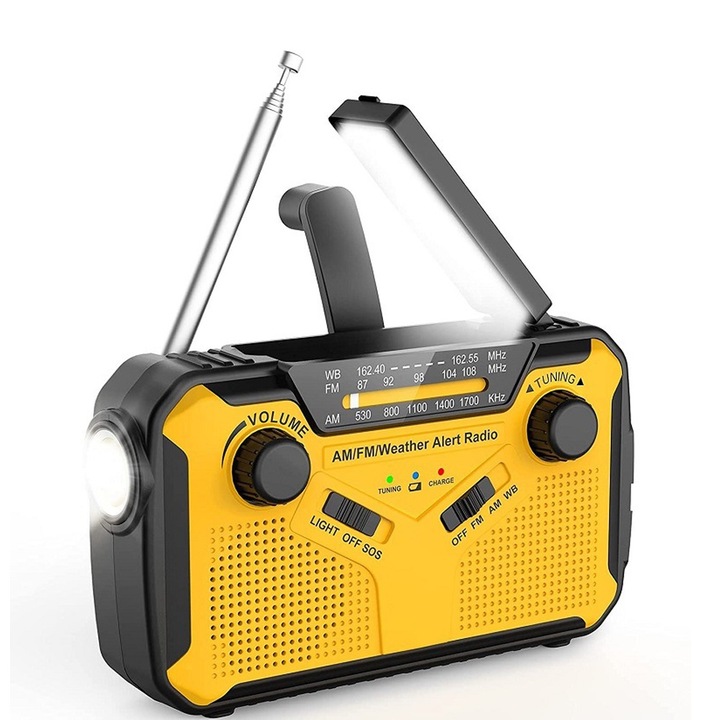 Radio portabil cu manivela si panou solar, lanterna, alarma SOS, baterie 2000 mAh, galben, 156x55x95mm