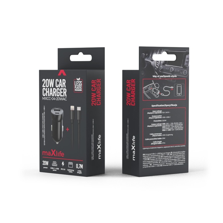 Încărcător auto MaXlife 1x USB-C, 20W, Negru, cu cablu USB-C - Lightning 27W