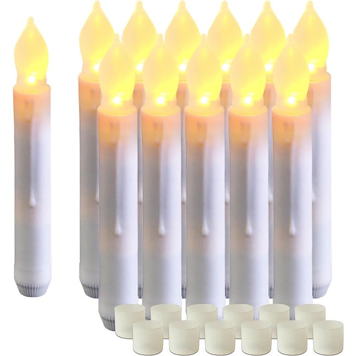 Комплект от 12 LED свещи, Rqiurpn, PP, 16,5 см, бели