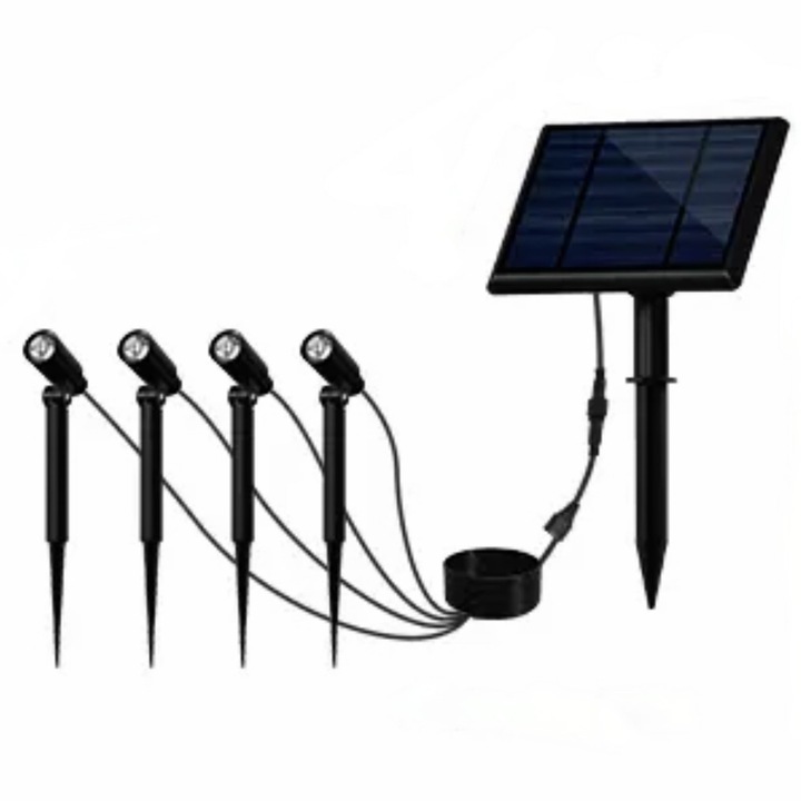Комплект от 4 соларни проектора Maralago, топла светлина 3000K, IP65, 5V/4W соларен панел, 1W LED проектори с оптични лещи за увеличаване или намаляване на осветителната повърхност