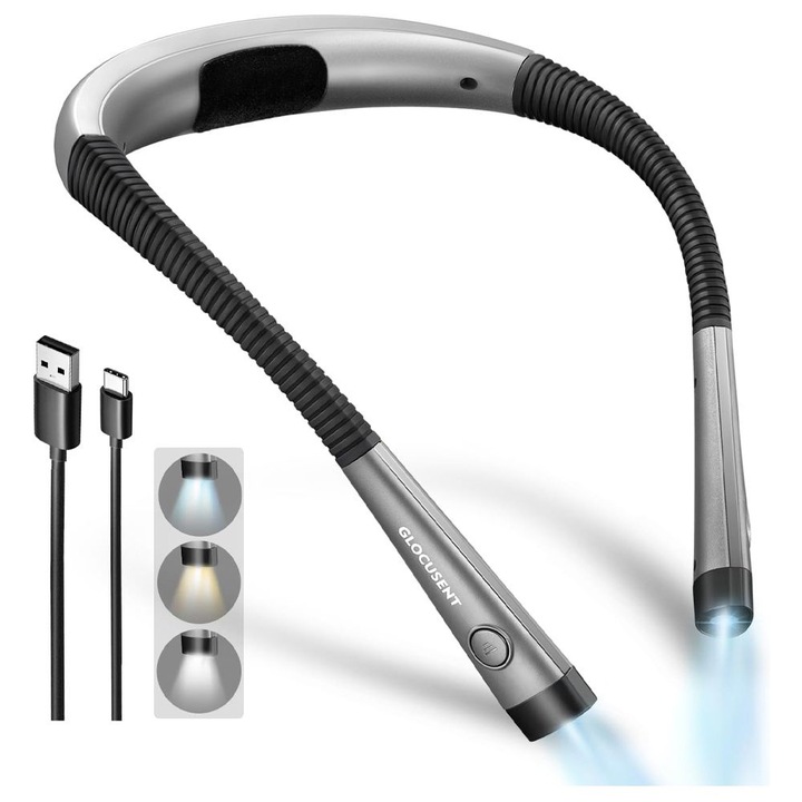 Lampa de citit Glocusent, flexibila, 3 tipuri de lumina LED, gri