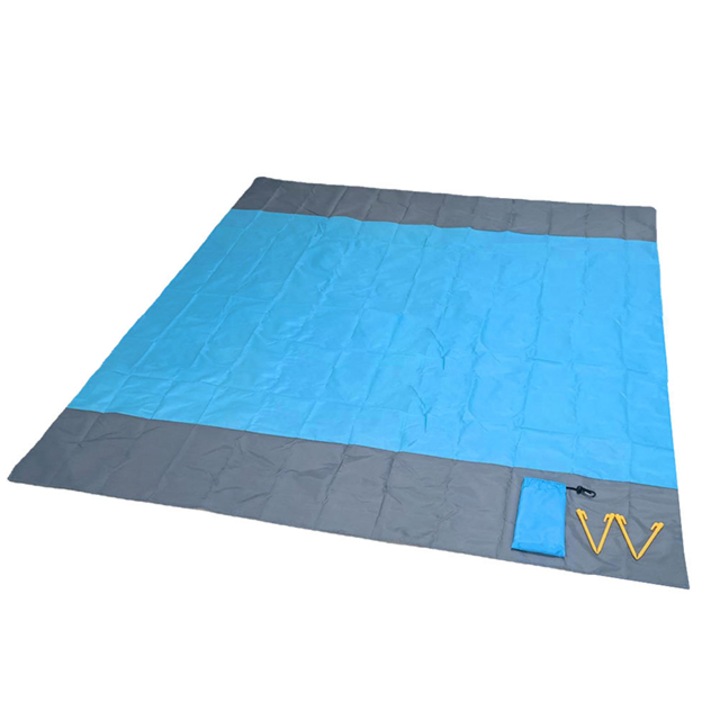 Плажна постелка Tebnaild, устойчива на вода и пясък, 200x210 см, синьо/сиво, комплект с 4 елемента за захващане