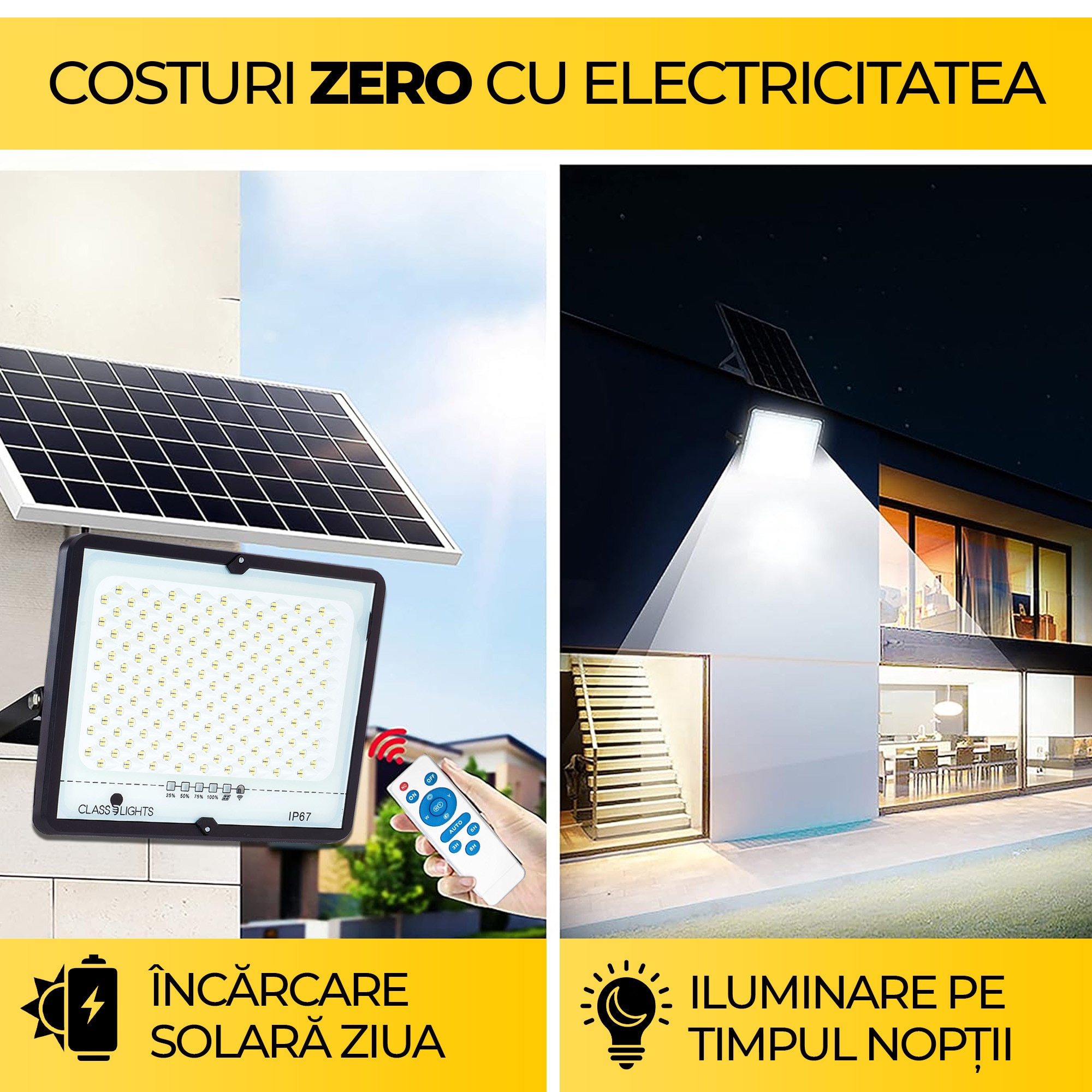 Proiector Solar LED 300W, Panou Solar Monocristalin, Kit Complet, IP67 ...