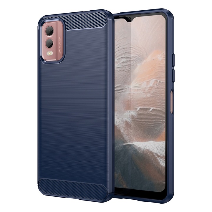 Устойчив на въглерод калъф за Nokia C32, OPTIM SOLUTION, Silicon TPU Better Protection, Fiber Design, Anti-Shock Optimization, Long Term Case, Blue