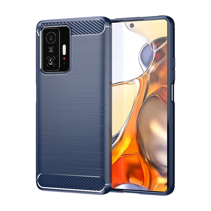 Szén tok, ellenálló Xiaomi 11T / 11T Pro telefonhoz, OPTIM MEGOLDÁS, szilikon TPU jobb védelem, szálas kialakítás, ütésálló optimalizálás, hosszú távú tok, kék