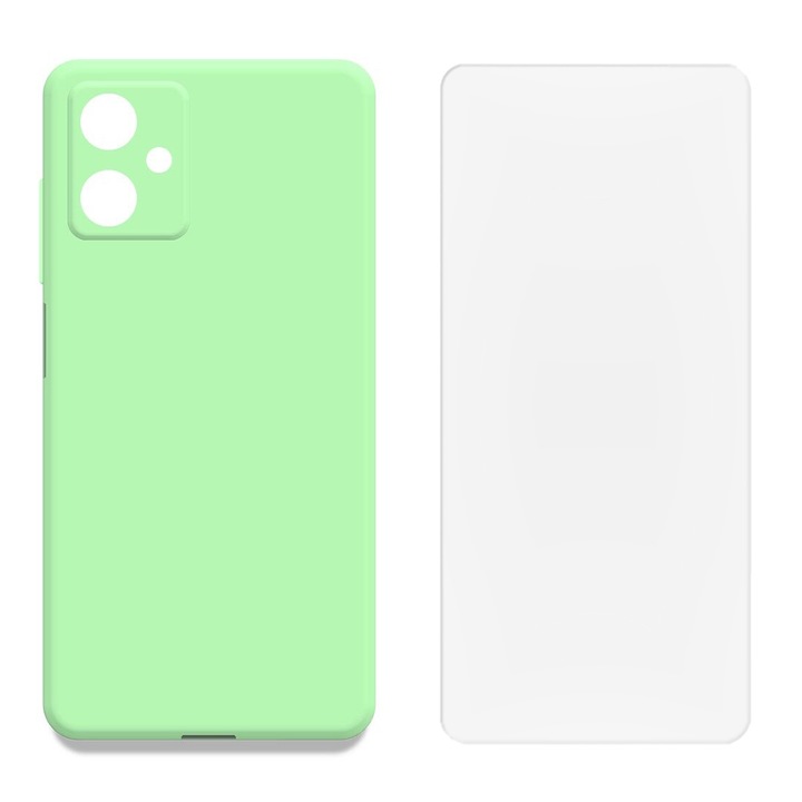 Защитен комплект, съвместим с Motorola Moto G54, силиконов капак с микрофибър FONIX BloomShield и регенерируемо силиконово фолио, ултраустойчив, защита на камерата, повдигнати ръбове, ултратънък, светлозелен