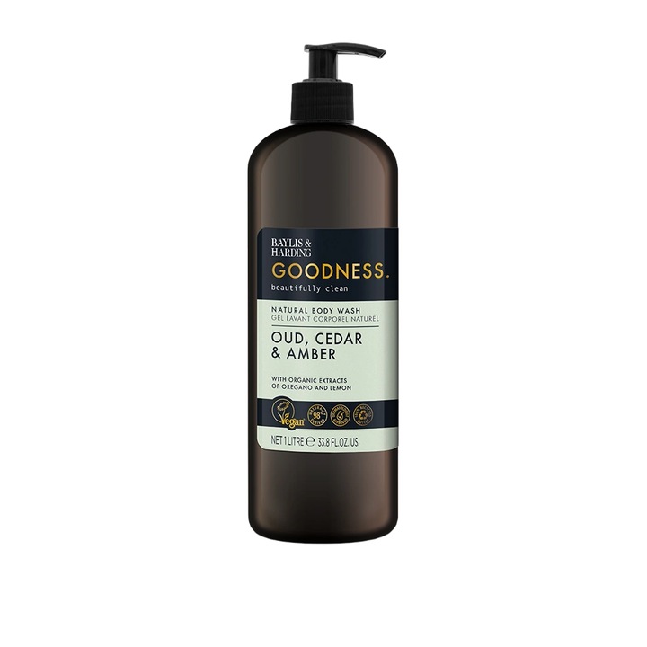 Baylis & Harding természetes tusfürdő, Oud, cédrus és ámbra, 1000 ml