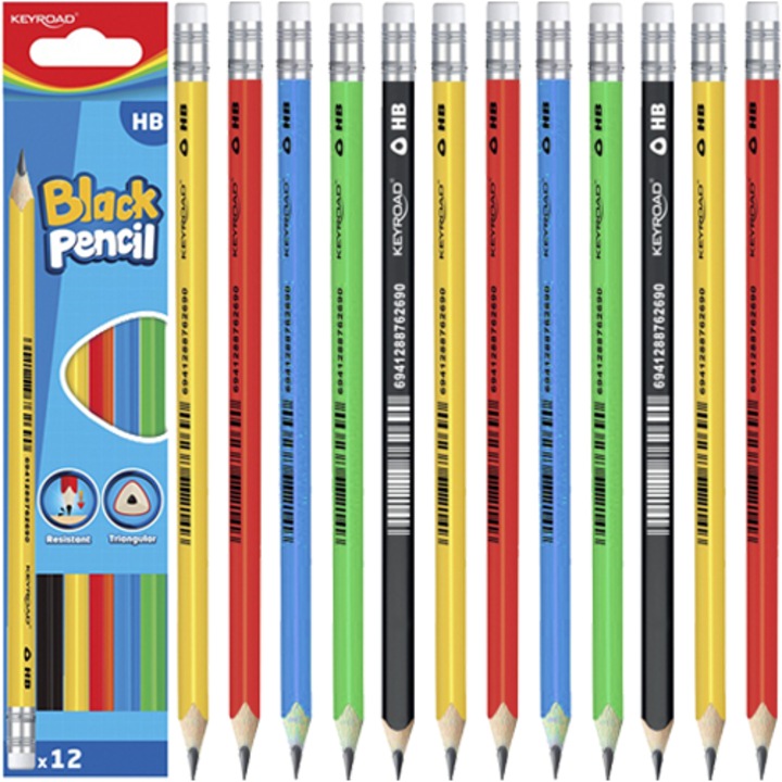 12 db Keyroad háromszög ceruza készlet, radírral, HB