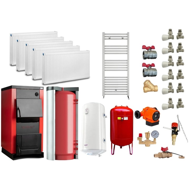 Pachet Centrala/Cazan pe combustibil solid Termax 35 kW, Puffer 1000 litri, Radiatoare Otel, Boiler Termoelectric 100 litri, Vas Expansiune, Pompa Recirculare si Fitinguri Montaj