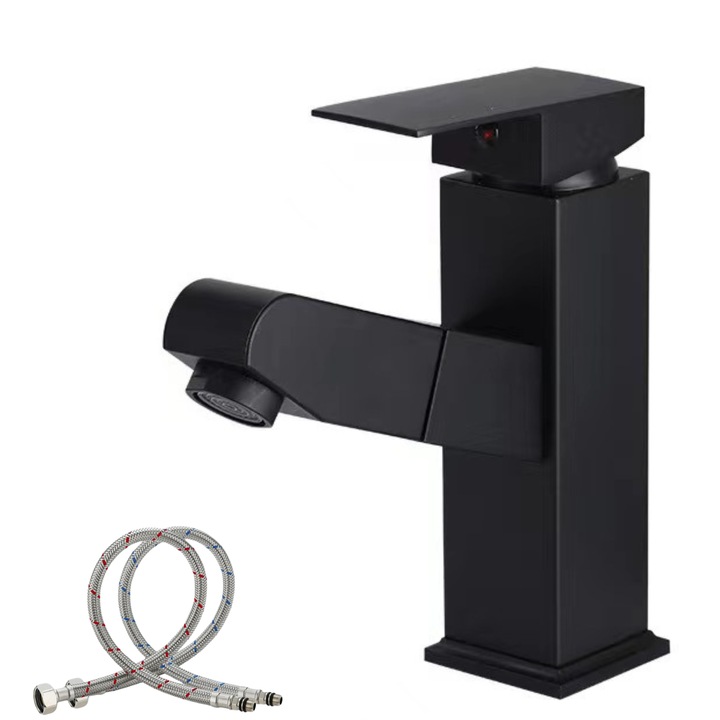 Смесител за мивка за баня, подвижен кран, единична дръжка, минималистичен дизайн, включени връзки, неръждаема стомана, здрав и издръжлив, устойчив на ръжда и корозия, лесен за инсталиране, SMARTGADGETS C&A, черен, 18 CM