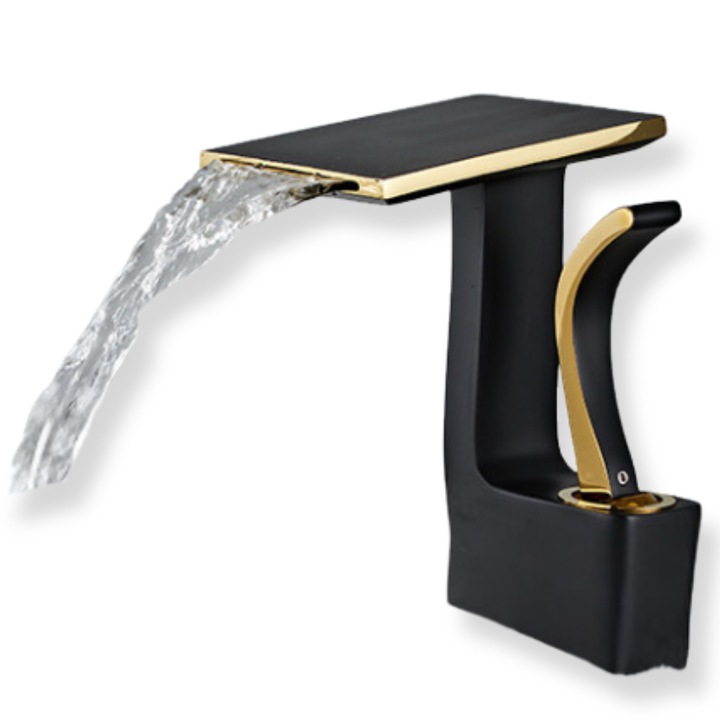 Смесител за мивка за баня, водопад от премиум клас, едно управление, минималистичен дизайн, включени връзки, неръждаема стомана, здрав и издръжлив, устойчив на ръжда и корозия, лесен за инсталиране, SMARTGADGETS C&A, черно-златисто, 19 CM