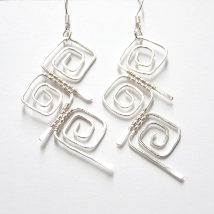 Cercei dama handmade Triple Square, aliaj metalic, argintiu