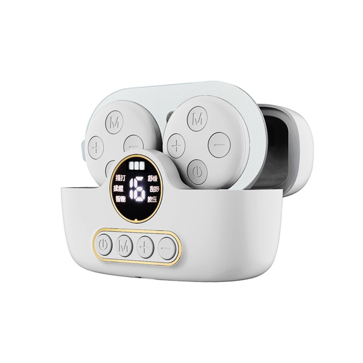 Aparat de Masaj Cervical Profesional, cu Impulsuri Electromagnetice, diferite nivele de intensitate pentru durerile de gat si spate, Incalzire, Toc Incarcare, Portabil, USB, Alb