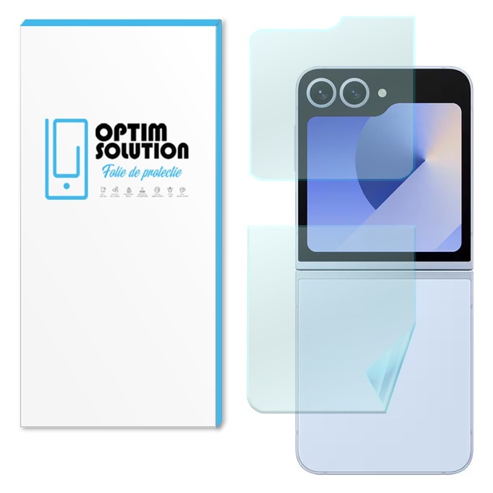 Folie Hydrogel Regenerabil Spate pentru Samsung Galaxy Z Flip6, OPTIM SOLUTION, Flip 6, High Sensitivity, UHD Clarity, Shock Absorption, Flexible Hydro-Crystal, Silicon Compozitie Ultrasafe Membran, Elite Class Protection, Transparenta