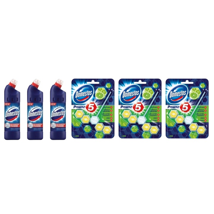 Set Curatenie Toaleta Domestos 6 x Componente, 3 x Solutie WC Lichid 750ml Briza Marii, 3 x odorizant WC bile Lime 55gr, rapid si eficient, testat dermatologic, prospetime de lunga durata, elimina mirosuri neplacute