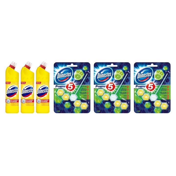 Set Curatenie Toaleta Domestos 6 x Componente, 3 x Solutie WC Lichid 750ml Lamaie, 3 x odorizant WC bile Lime 55gr, rapid si eficient, testat dermatologic, prospetime de lunga durata, elimina mirosuri neplacute