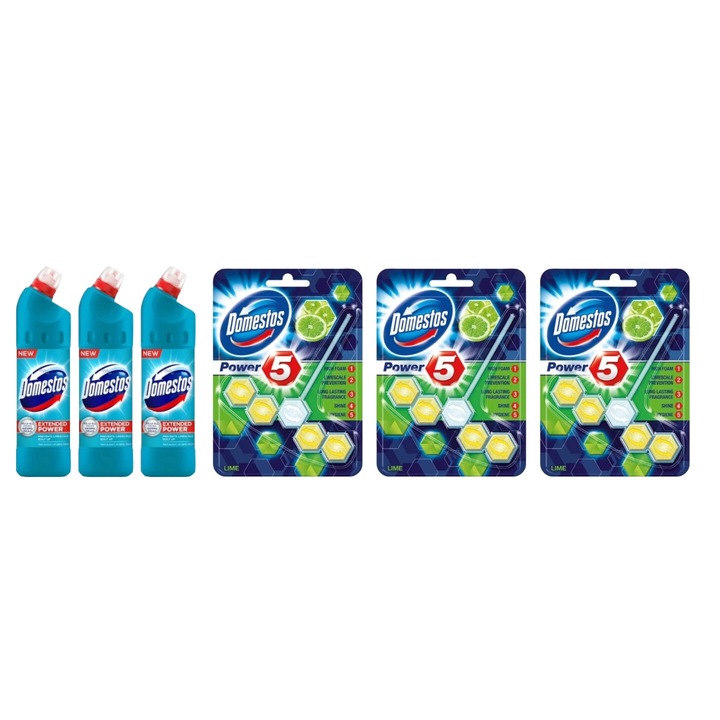 Set Curatenie Toaleta Domestos 6 x Componente, 3 x Solutie WC Lichid 750ml Atlantic, 3 x odorizant WC bile Lime 55gr, rapid si eficient, testat dermatologic, prospetime de lunga durata, elimina mirosuri neplacute