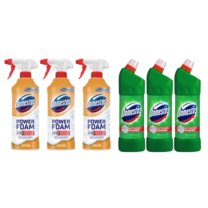 Set Curatenie Toaleta Domestos 6 x Componente, 3 x spuma de baie 435ml Lamaie, 3 x Solutie WC Lichid 1L Pin, rapid si eficient, testat dermatologic, prospetime de lunga durata, elimina mirosuri neplacute