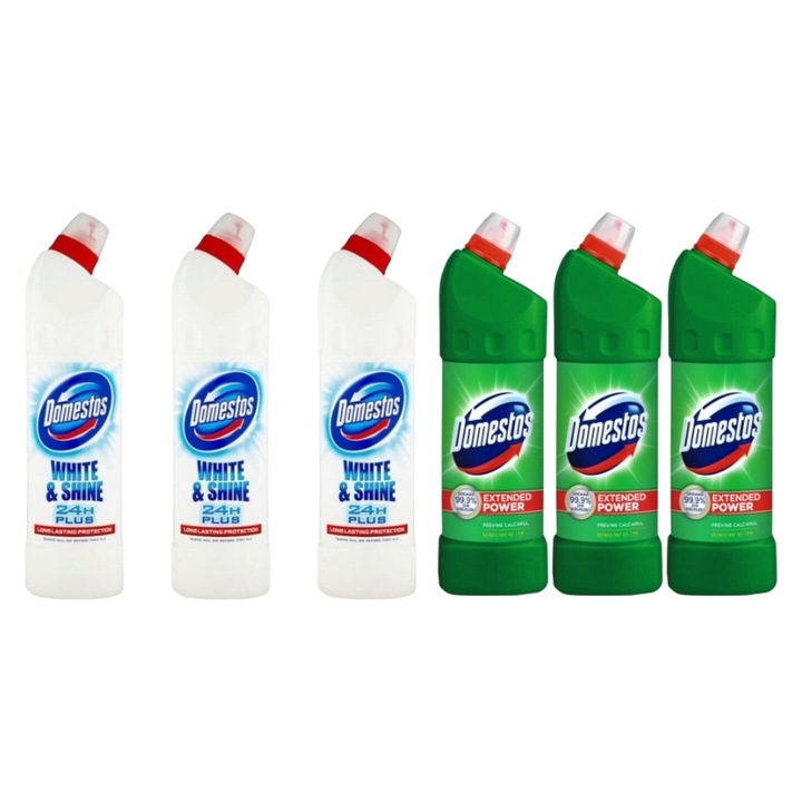 Set Curatenie Toaleta Domestos 6 x Componente, 3 x Solutie WC Lichid 750ml White&Shine, 3 x Solutie WC Lichid 1L Pin, rapid si eficient, testat dermatologic, prospetime de lunga durata, elimina mirosuri neplacute