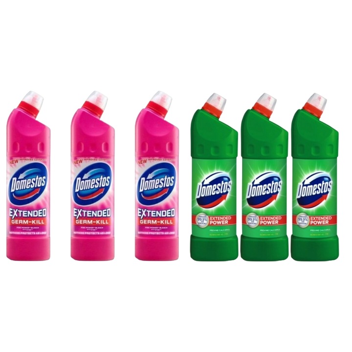 Set Curatenie Toaleta Domestos 6 x Componente, 3 x Solutie WC Lichid 750ml Pink Fresh, 3 x Solutie WC Lichid 1L Pin, rapid si eficient, testat dermatologic, prospetime de lunga durata, elimina mirosuri neplacute