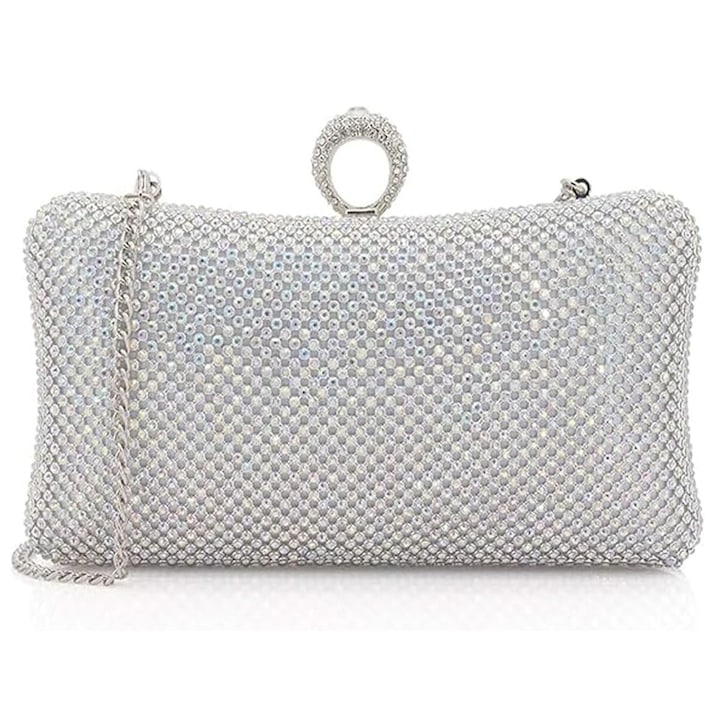 HARPIMER estélyi táska, fényes kristályok, levehető lánc, 20x10,5x6,5cm, Ezüst