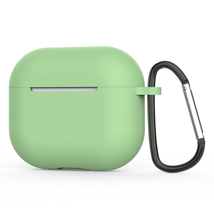 Husa casti, Compatibil cu AirPods 3, Silicon, incarcare wireless, verde matcha, cu carabina