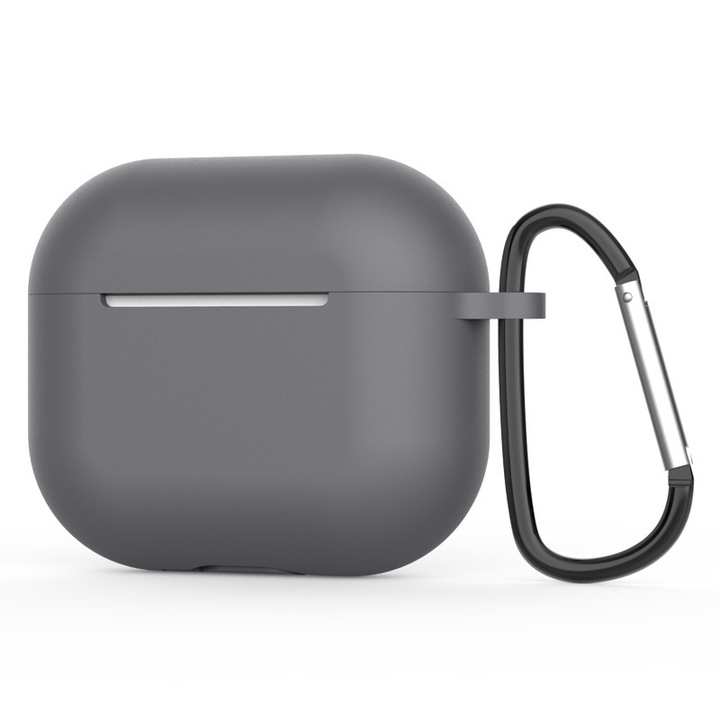 Husa pentru casti, Compatibil cu AirPods 3, Silicon, Gri, cu carabina