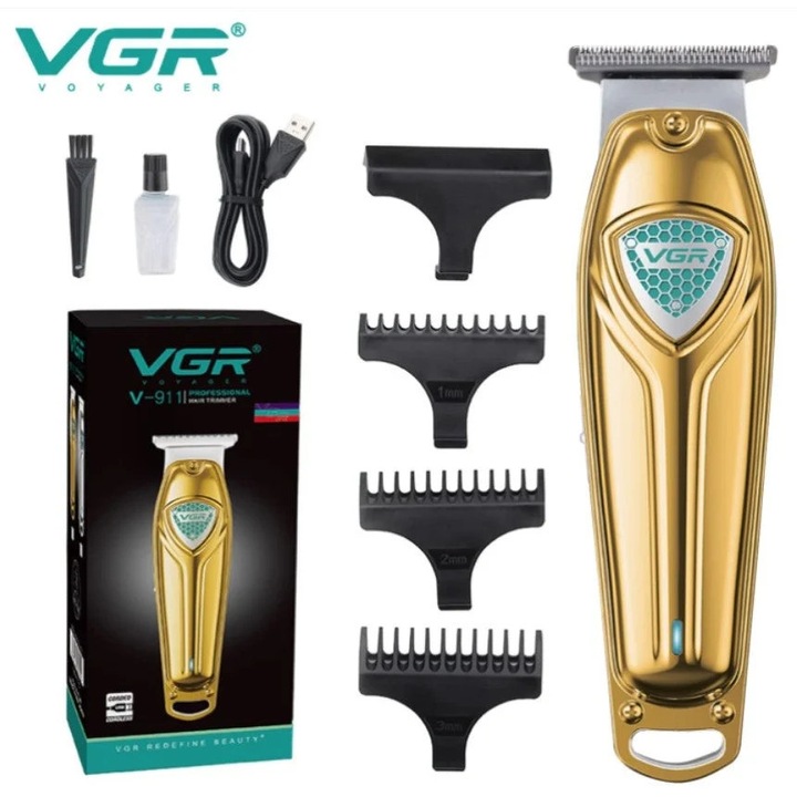 Професионален тример VGR V9111, акумулаторен, преносим, с 4 дистанционни устройства, четка за почистване и масло, златист цвят
