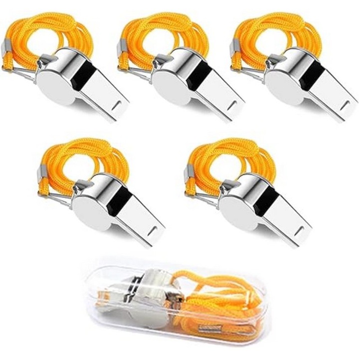 Set 6 fluiere arbitru din otel inoxidabil, snur