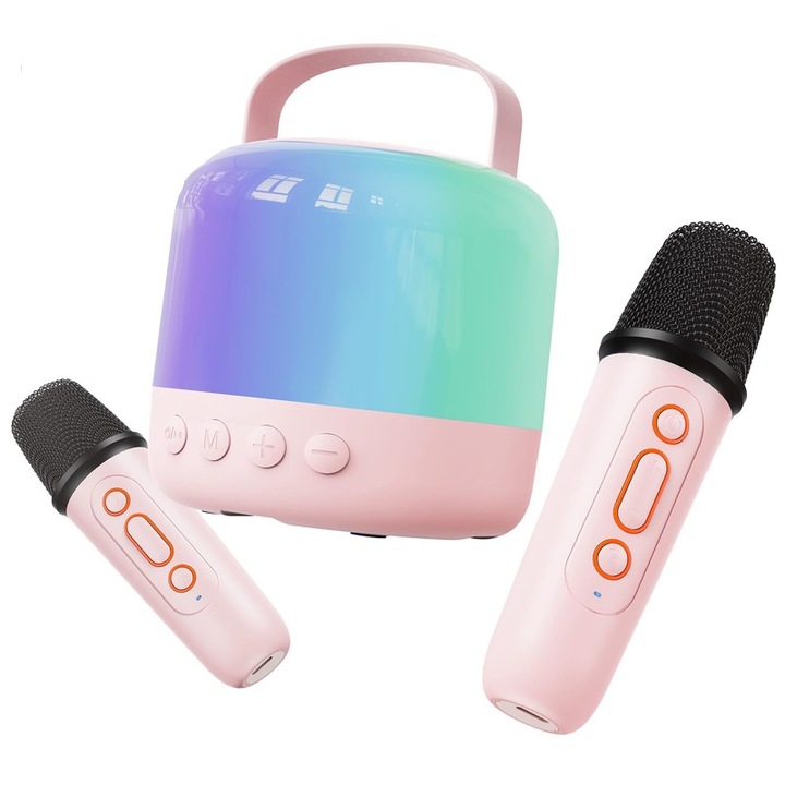 WALALLA Mini karaoke készlet, 2 vezeték nélküli mikrofon, Bluetooth 5.3, RGB, rózsaszín, +5 év