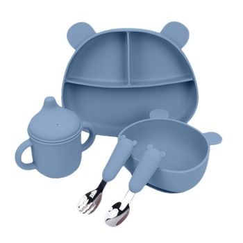 Set 5 piese hranire bebelusi si copii Mixbo, silicon, 6 luni +, albastru