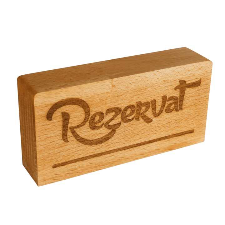 Semn pentru masa 'Rezervat' din lemn de fag, 12x6x2, 5 cm