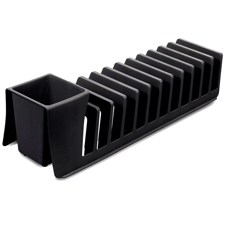 Evőeszköz lefolyó és 12 tányér, kozmosz fekete, 37,5x11,5x10,5 cm