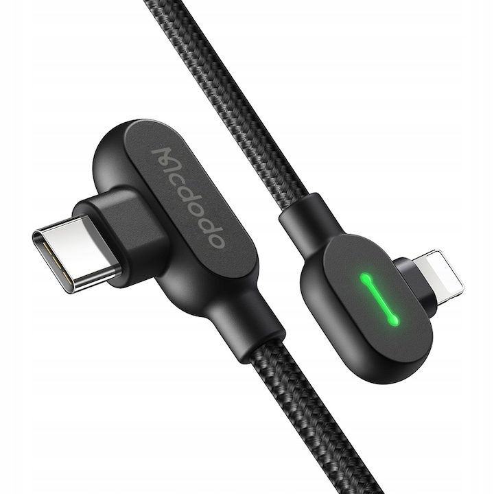 Adat- és töltőkábel 90°, Mcdodo®, iPhone 5 / 6 / 7 / 8 / X / XS / XR / SE / 11 / 12 / 13 / 14 / Plus / Pro / Max, USB, 3A, gyorstöltés, 1M, LED, Fekete, USB, 1M, LED, Fekete