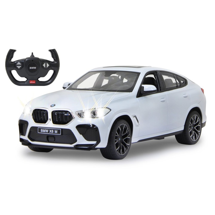 Masina RC cu telecomanda BMW X6 M alb, Lungime 35 cm, Scara 1:14, 2.4Ghz, Lumini LED fata/spate, 6+