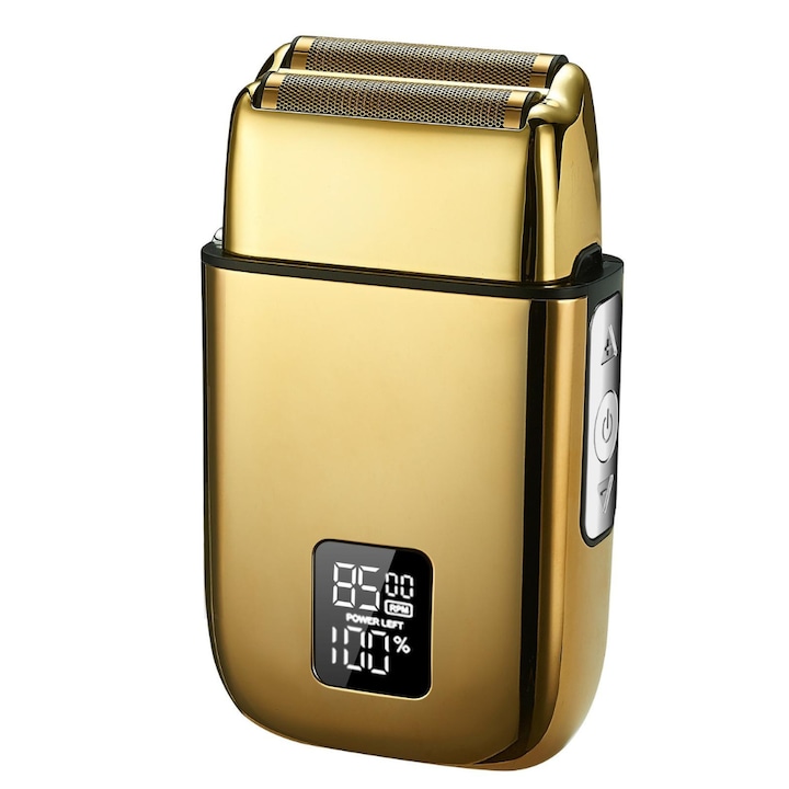 Самобръсначка 4D BIRAI® LK-2015, Професионална, електрическа, 8500 RPM, 3 регулируеми скорости, водоустойчив, LCD дисплей, LED дисплей, супер бързо зареждане през USB, двойни ножчета, водоустойчива, златиста