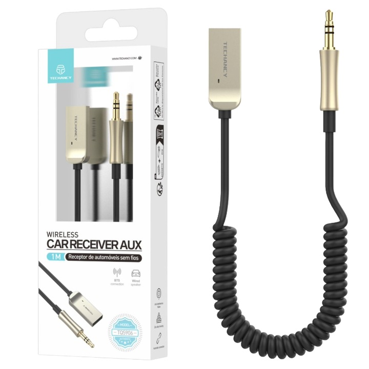 Techancy autós Bluetooth 5.0 audioadapter 3,5 mm-es jack csatlakozóval, AUX, beépített mikrofon, hanglejátszás, kihangosító, autós készlet