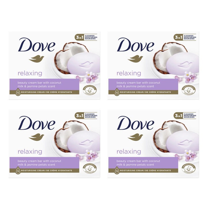 Комплект релаксиращ сапун Dove, аромат на кокосово мляко и венчелистчета от жасмин, 4 броя x 90 g