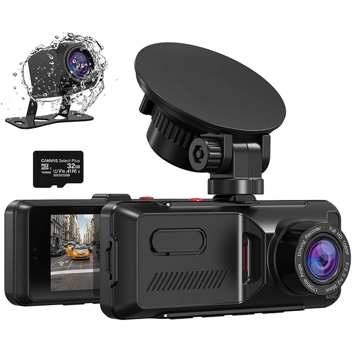 Kettős autókamera, 1080P elöl és 720P hátul, 170 FOV, parkolásfigyelő, készlet vízálló hátsó kamerával és 32 GB-os SD kártyával