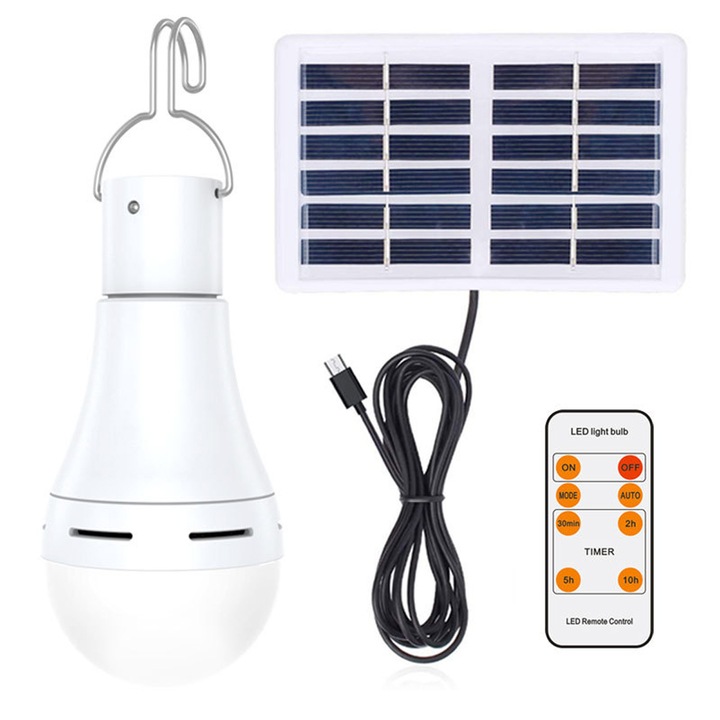 Napelemes LED lámpa távirányítóval kempingezéshez, ABS/PC, 5 világítási funkció, 6000-6500K, IP65, többszínű