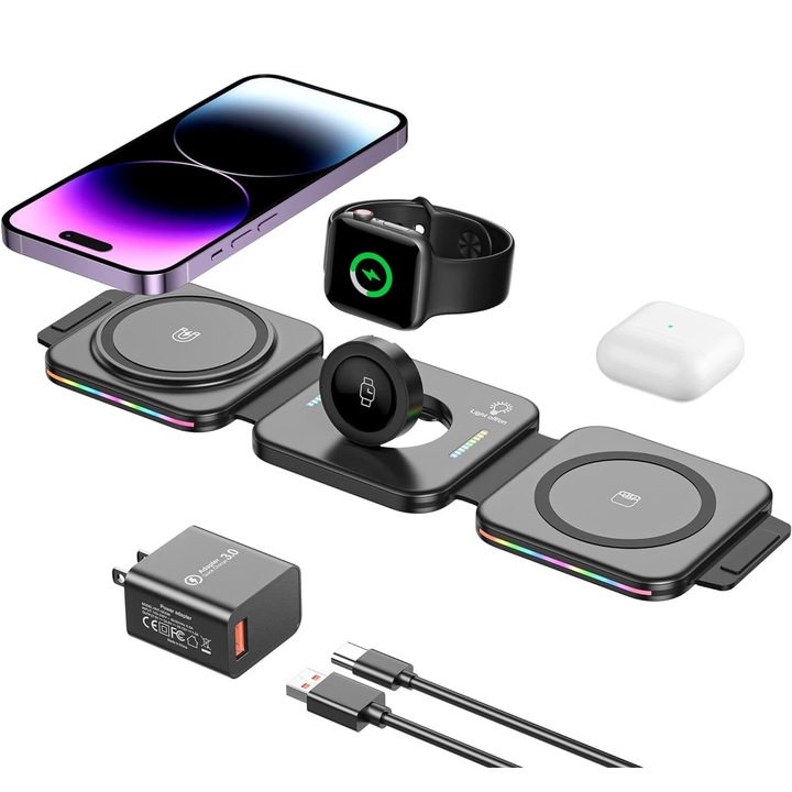 Incarcator Wireless pliabil KALON®, Magsafe, Statie Incarcare 3 In 1 Fast Charger Incarcare Rapida, Compatibil Cu Apple Watch Toate Seriile Airpods Toate Modele si Iphone Android Samsung Huawei Xiaomi Negru Inclus Adaptor 3.0 Quick Charge, Negru
