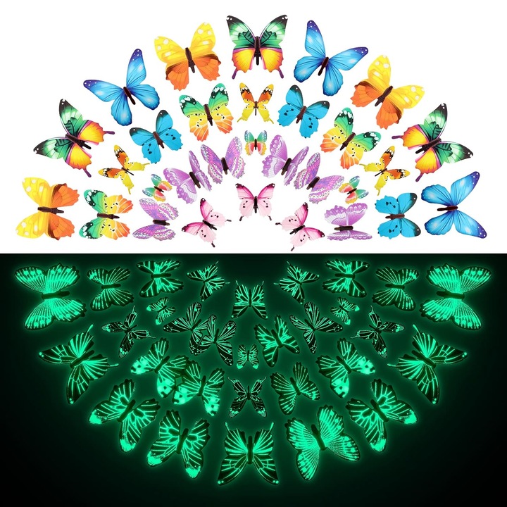 Комплект 3D светещи стикери пеперуди, Enforose, многоцветни, подвижна декорация за детска спалня