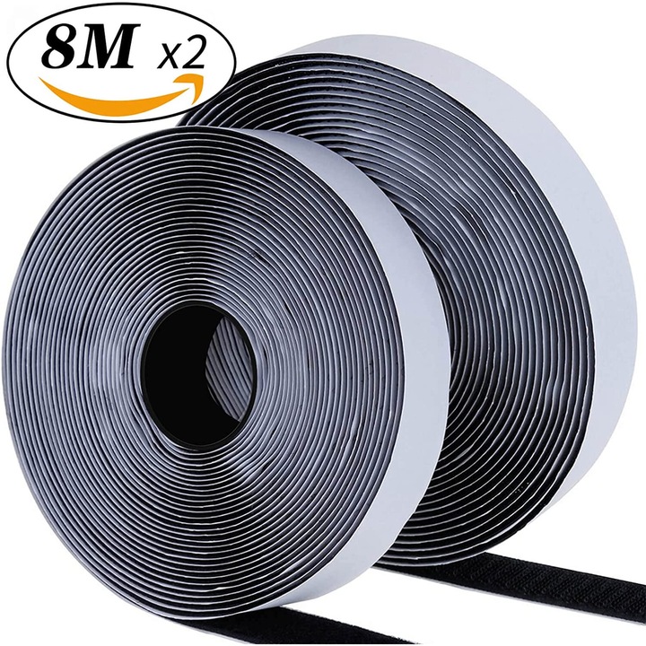 2 db öntapadós tépőzáras készlet, AMRNUGL, nylon / gumi, 20 mm x 8 m, nedvességálló, fekete