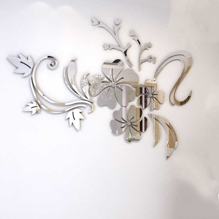 Set autocolante decorative 3D pentru perete, efect de oglinda, argintiu, 90x120cm