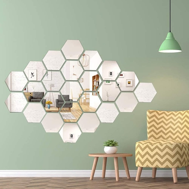 24 db hatszögletű öntapadó tükör készlet, akril tapéta, ezüst, belső dekorációhoz