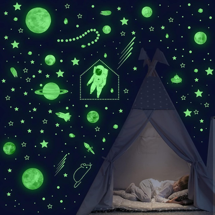 Detasabil, fara reziduuri, tema spatiala, inclusiv stele, astronauti, rachete, planete, sateliti, comete, stele stralucitoare din PVC non-toxice pentru dormitor, lumina moale, verde, albastru, portocaliu