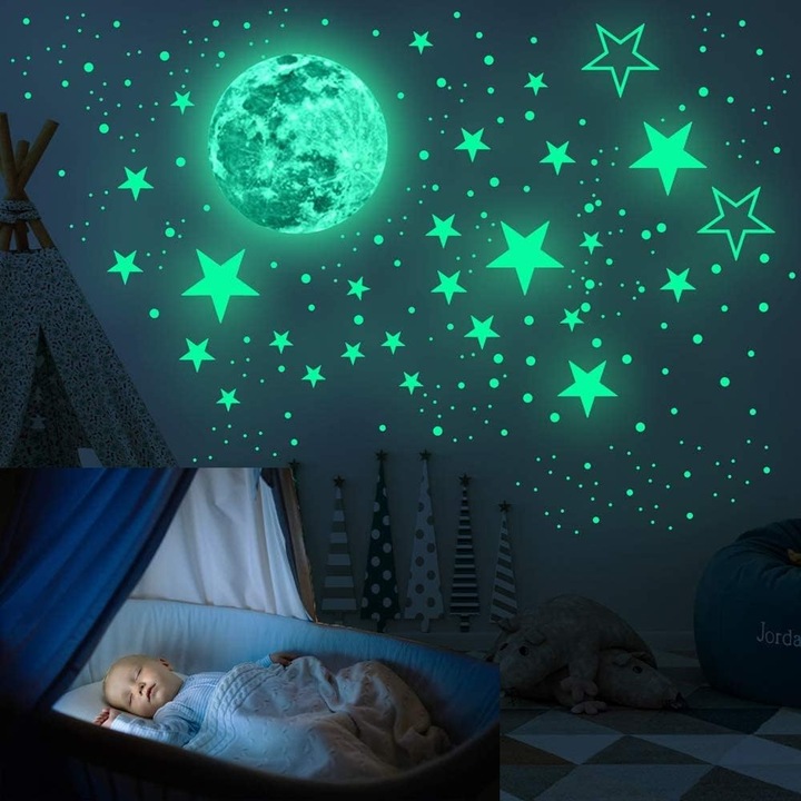 Комплект стикери за таван луна и звезди, Enforose, светещи в тъмното, декоративни за детска стая