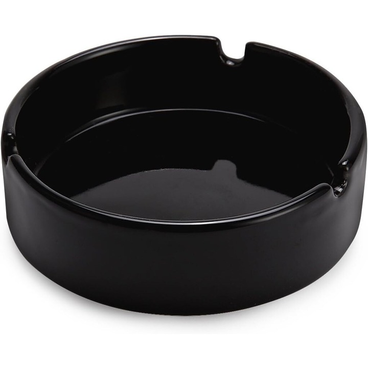 Scrumiera ceramica neagra lucioasa, Enforose, 3 suporturi pentru tigari, design antiderapant, dimensiuni 10x10x3cm