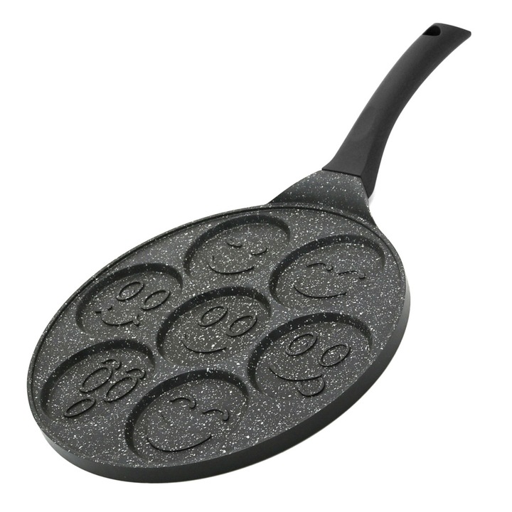Тиган за палачинки със 7 форми Smile Pancakes PROtone, изработен от неръждаема стомана с керамично покритие, за обикновени и стъклокерамични и електрически котлони, Размер на тигана 26 см, Размер на палачинки 7,5 см, черен