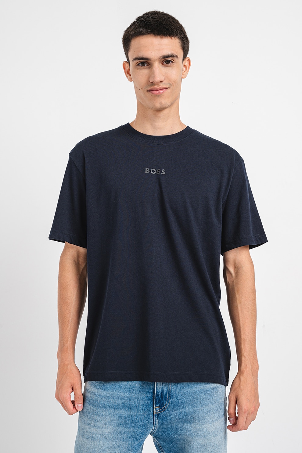 BOSS, Tricou din bumbac cu logo, Bleumarin, 3XL
